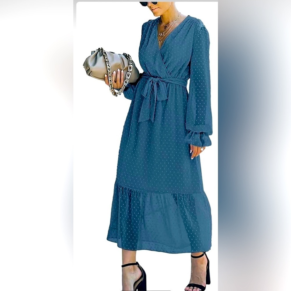 Suprelook Long Sleeve Wrap V Neck Swiss Dot Print Bohemian Swing Size L  NWT